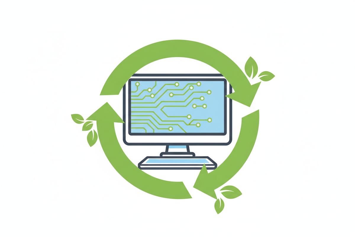 CREA UN ICONO CON FONDO BLANCO DE EQUIPOS DE COMPUTO REACONDICIONADO QUE TENGA QUE VER CON RECICLAJE Y EL TEMAÑO DE 200 PIXELES